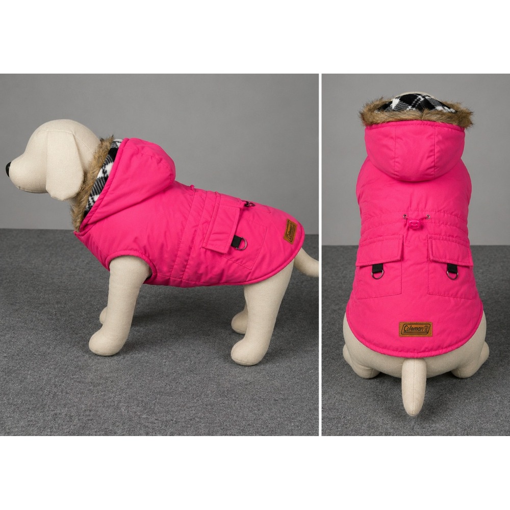 Coleman Drawcord Jacket Dog L Pink Fleece Lined Faux Fur Hood Plaid Trim Coat